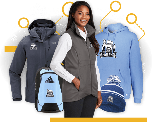 Winter team apparel and accessories with woman in winter vest